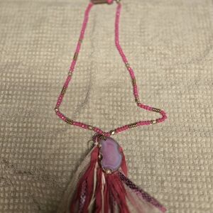 Simply Emma Pink Beaded Tassel Necklace with Agate Pendant